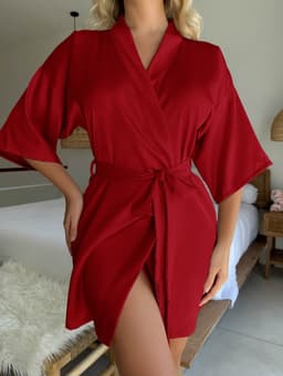Luxe Dames Kimono Badjas met Franjes - Sexy Korte Ochtendjas - Halflange Mouwen & Strikceintuur - Zacht & Ademend - Loungewear & Nachtkleding - Roze-XXL — thumbnail 3