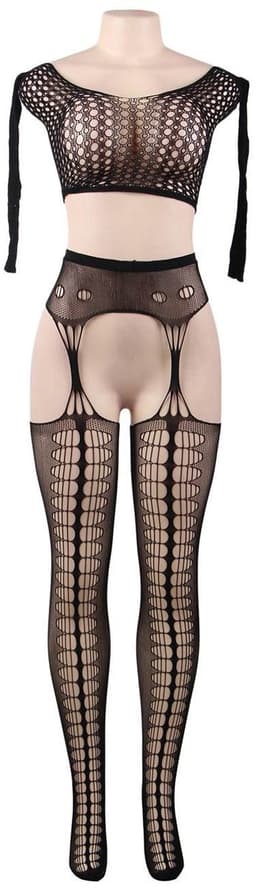 Zeloria 2-Delige Bodystocking Set – Sexy Lingerie met Top & Jarretelle Kousen – Open Kruis – Zwart – XS-M — thumbnail 10