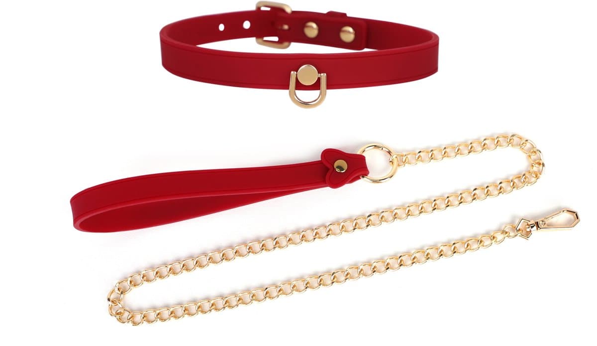 Smart Moves - Smalle Siliconen Collar met Leash en Gouden Leiband - Rood — afbeelding 1