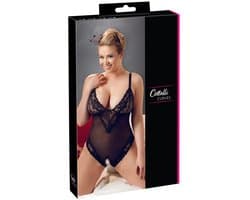 Cottelli Plus Size – Sexy Body met Open Kruis en Kanten Motieven Langs Randen voor Speciale Dates – Maat 4XL – Zwart