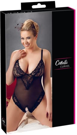 Cottelli Plus Size – Sexy Body met Open Kruis en Kanten Motieven Langs Randen voor Speciale Dates – Maat 4XL – Zwart — thumbnail 1