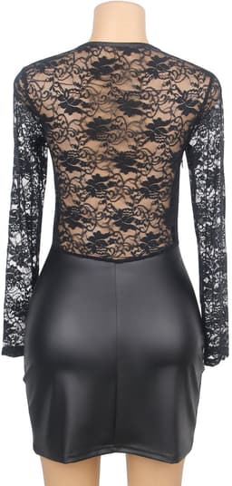 Zeloria PU Leren Jurk met Kant – Zwarte Sexy Bodycon Jurk met Lange Mouwen – Avondjurk / Party Dress Dames – M — thumbnail 10