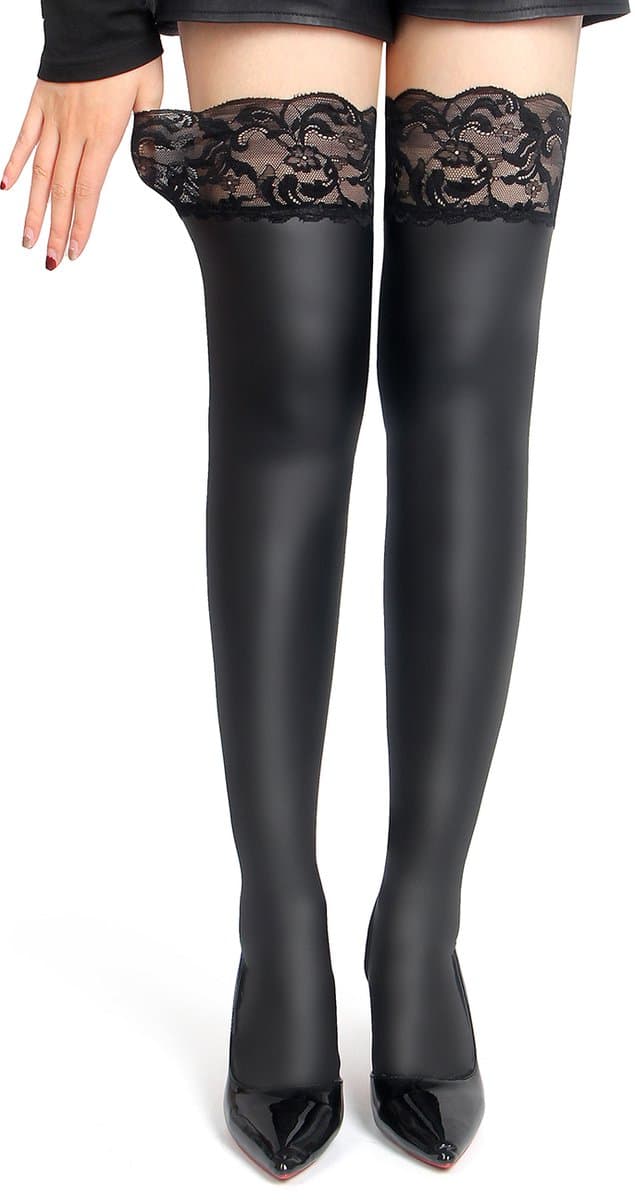 Zeloria Matte Wetlook / PU leer Kousen met Kant Rand – Zwart – Thigh High Stockings met Lace Top – XS-M — afbeelding 1