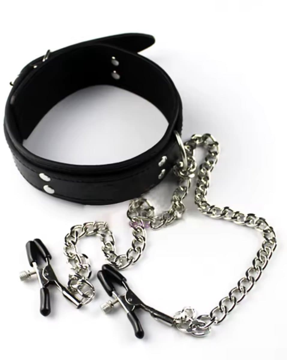 Choker met tepelklemmen - Kunstlederen halsband - Hals band - Rollenspel - Zwart - Erotiek - Sexspeeltje - Tepel klemmen - CHPN — afbeelding 1