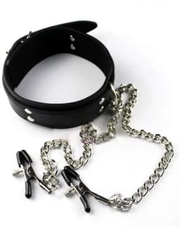 Choker met tepelklemmen - Kunstlederen halsband - Hals band - Rollenspel - Zwart - Erotiek - Sexspeeltje - Tepel klemmen - CHPN — thumbnail 1