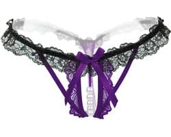 Erotische Lingerie Slipje I Sexy Slipje Met Parels I Sexy String I Open Kruis I Erotisch Ondergoed I Paars/Zwart