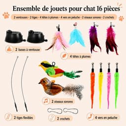 14 stuks kattenhengels met 2 zuignappen, kattenspeelgoed, zelfbezigheid met vogel, interactief kattenspeelgoed met veren, worm, kattenhengel, vervangende veren met klokken — thumbnail 4