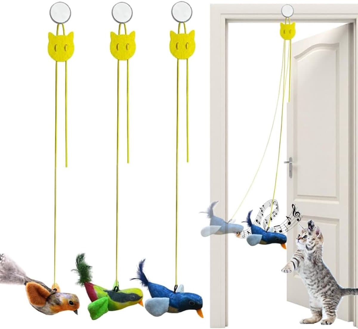 3 stuks kattenspeelgoed, zelfbezigheid, hangend deurframe, elastische vogel met piepgeluid, vliegende vogel, kattenspeelgoed, vliegende vogelspeelgoed voor katten met elastisch touw — afbeelding 1
