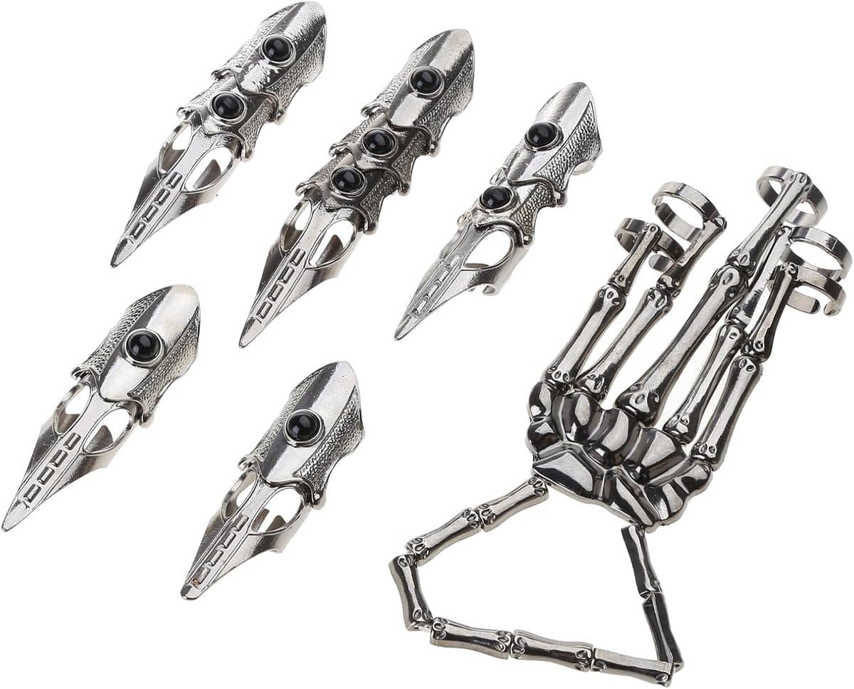 Punk Skelet Handschoen Verstelbare Metalen Vingerklauw Skelet Volledige Vingerringen voor Halloween Cosplay en Feest — afbeelding 1