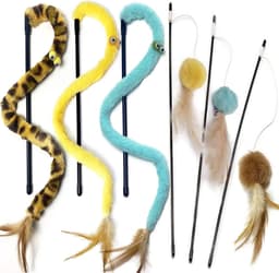 Kattenverenspeelgoed, kattenteaser toverstaf en regenboogstaf, interactief kattenspeelgoed voor binnenkatten en volwassen kittens, 6 stuks (geel) — thumbnail 1