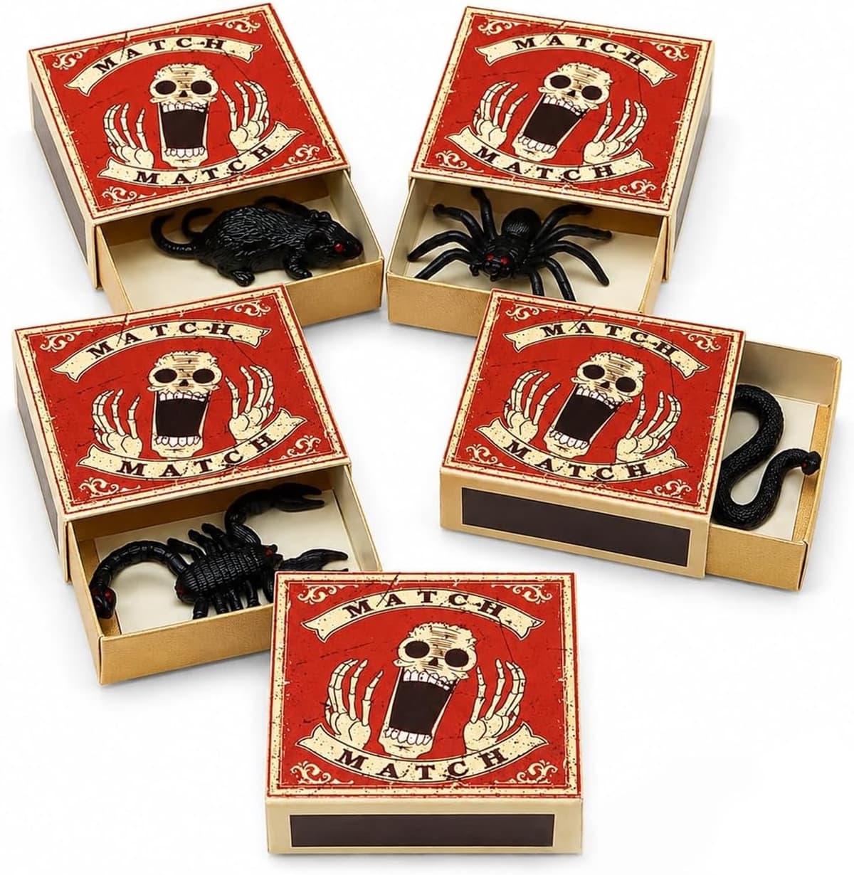 Halloween-decoratie-geschenkdoos, set van 5, griezelige luciferdoosje met rubberen spin, robuust afsluitbaar voor snoep, ideaal als verrassingsdoos voor trick-or-Treat & feest — afbeelding 1
