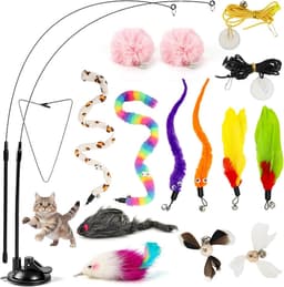 17 stuks kattenspeelgoed, zelfbezigheid, kattenspeelgoed, hengel met verwisselbare veer en 1 sokkel, kattenhengel, veilig en niet giftig, stabiel populair — thumbnail 1