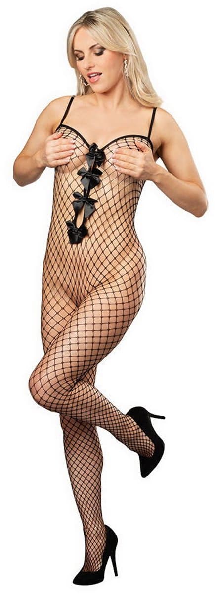 Amorable - Visnet Catsuit met Open Borsten en Strikjes - Zwart — afbeelding 1