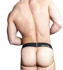 Oxjok Pisspig - 3D Rubber Urinal Jockstrap - Zwart/Geel L — thumbnail 5