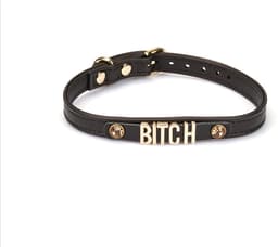 Liebe Seele - Smalle Collar Met Gouden Letters en Sierkristallen - Bitch - Italiaans Kwaliteitsleder - Zwart — thumbnail 1