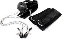 BDSM Harnas met Handboeien Tepelklemmen en Gag Bal - One size - Zwart — thumbnail 2