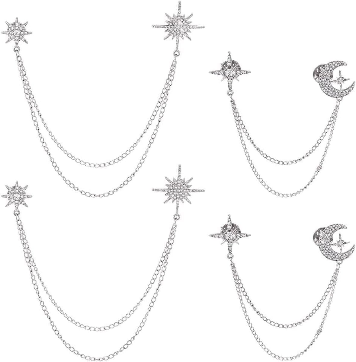 4 stuks 2 stijlen strass ster broche legering ster maan kwast prachtige reversspeld platina strass sneeuwvlok hangende lange kwastnaalden — afbeelding 1