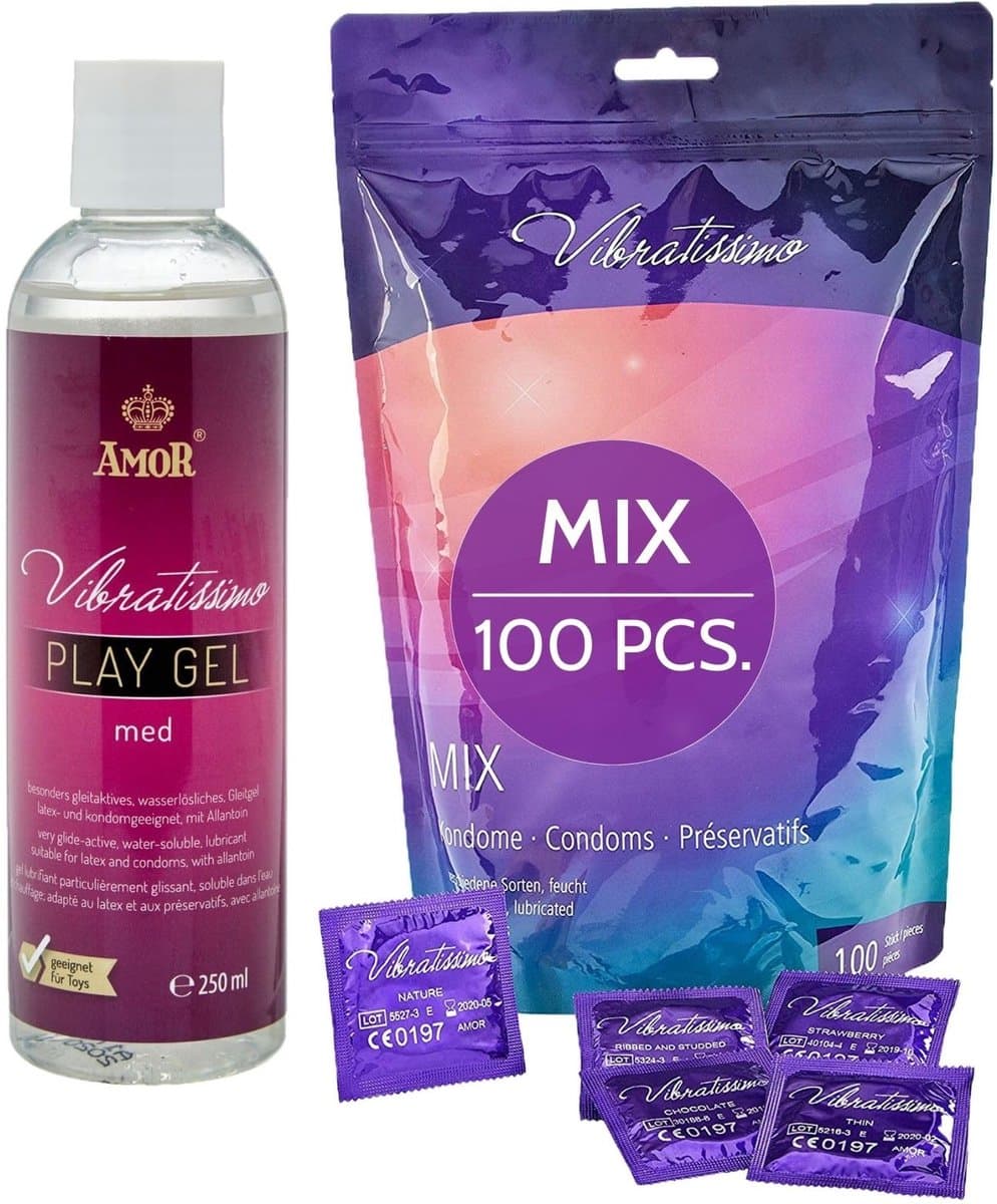 VIBRATISSIMO condooms Mix 100-pack gemengd & glijmiddelset | gevoelsecht & extra vochtig | Zakje dunne wanddikte & gearomatiseerd | flinterdun genopt & geribbeld — afbeelding 1