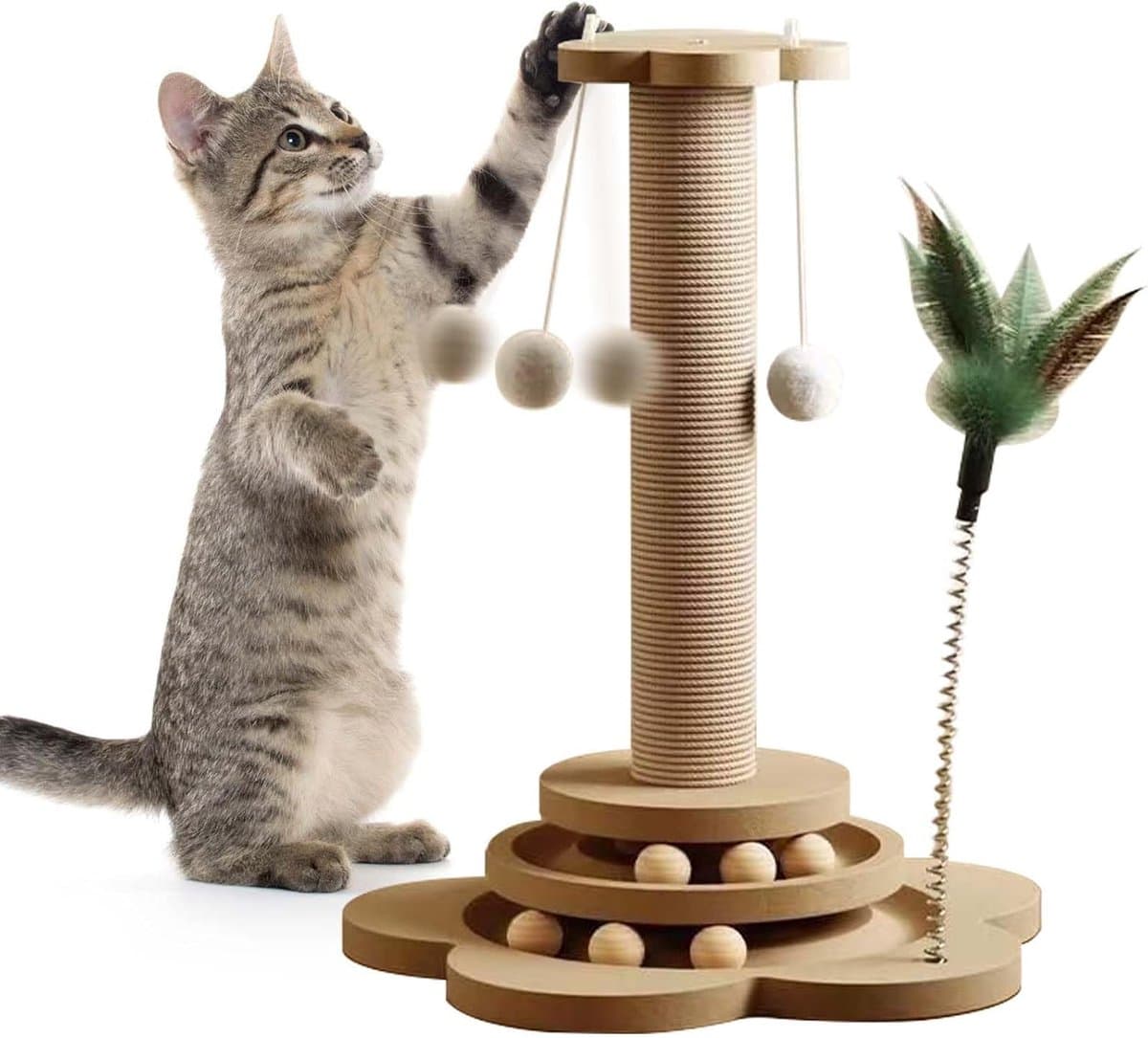 4-in-1 houten kattenrolspeelgoed 2-laags draaitafel interactief houten kattenrolspeelgoed met veren en kattenmuntballen, 40 cm kattenkrabpaal van sisal touw met hangende bal (Groot) — afbeelding 1