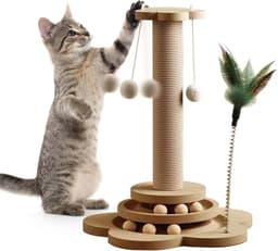 4-in-1 houten kattenrolspeelgoed 2-laags draaitafel interactief houten kattenrolspeelgoed met veren en kattenmuntballen, 40 cm kattenkrabpaal van sisal touw met hangende bal (Groot) — thumbnail 1