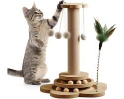 4-in-1 houten kattenrolspeelgoed 2-laags draaitafel interactief houten kattenrolspeelgoed met veren en kattenmuntballen, 40 cm kattenkrabpaal van sisal touw met hangende bal (Groot)