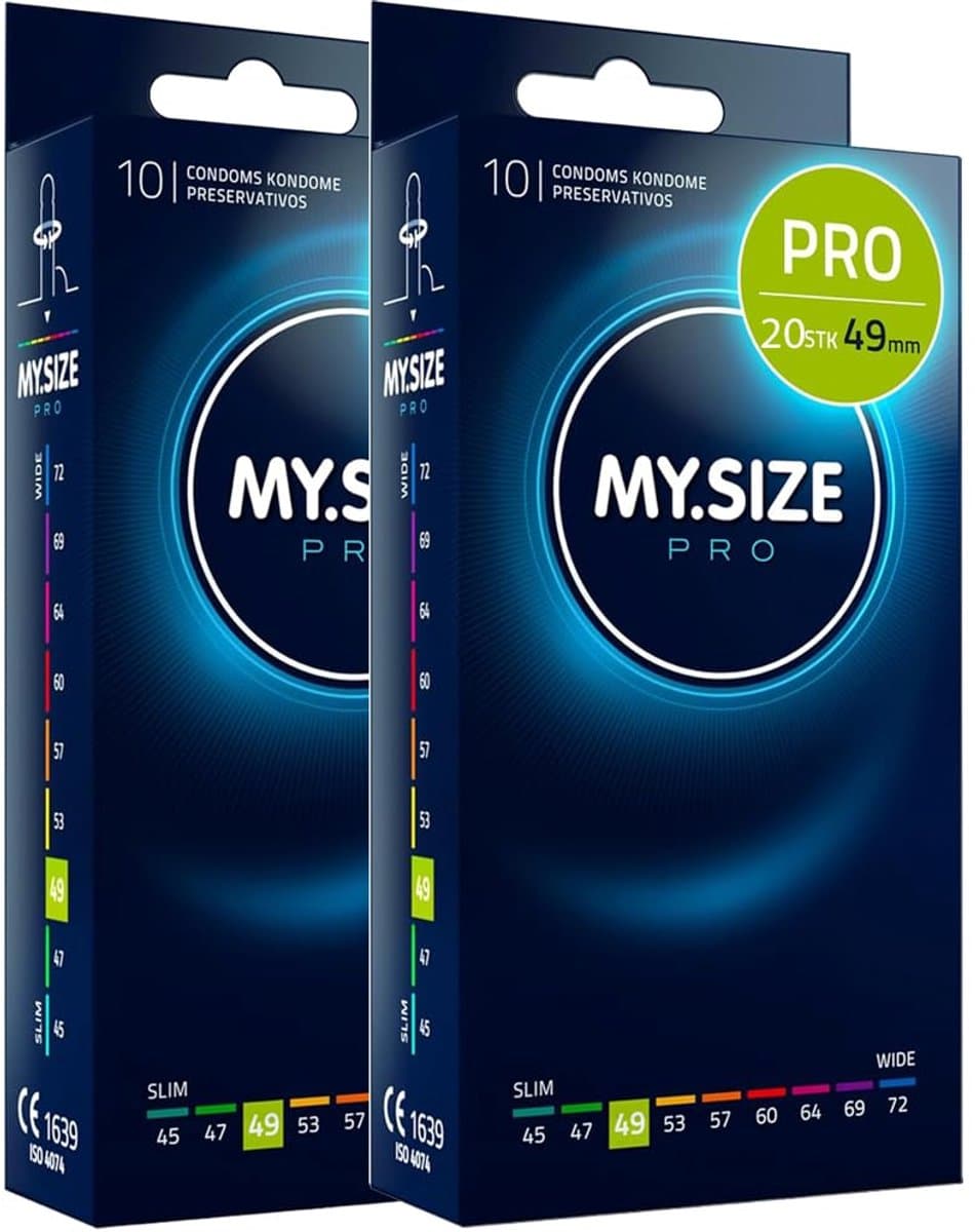 MY.SIZE PRO 20 stuks 49mm Elite condooms, slank, zeer zuiver Vytex-latex voor weinig geur, super gemakkelijk te openen en af te rollen — afbeelding 1