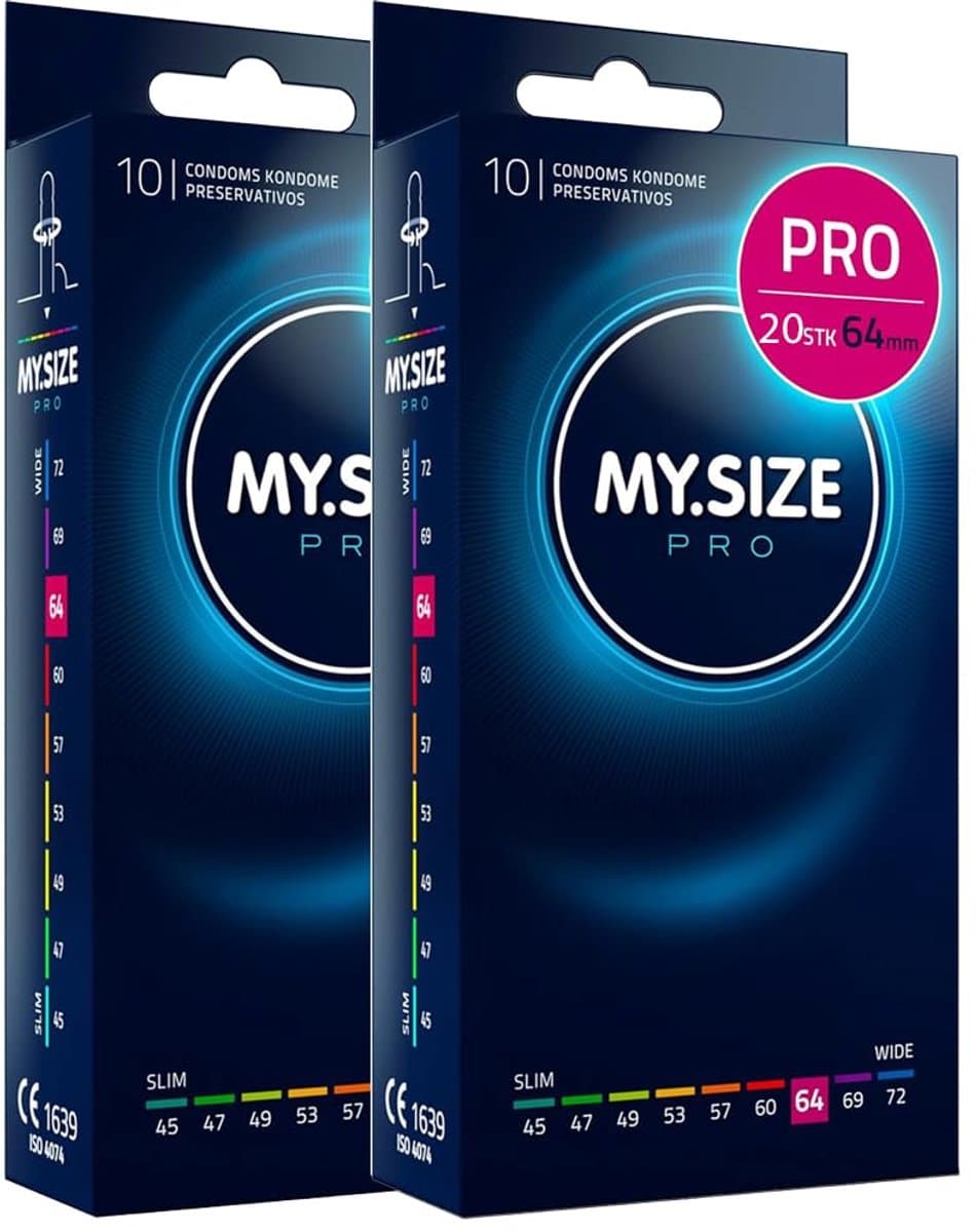 MY.SIZE PRO 20 stuks 64mm Elite condooms, XXXL pasvorm, zeer zuiver Vytex-latex voor weinig geur, super gemakkelijk te openen en af te rollen — afbeelding 1