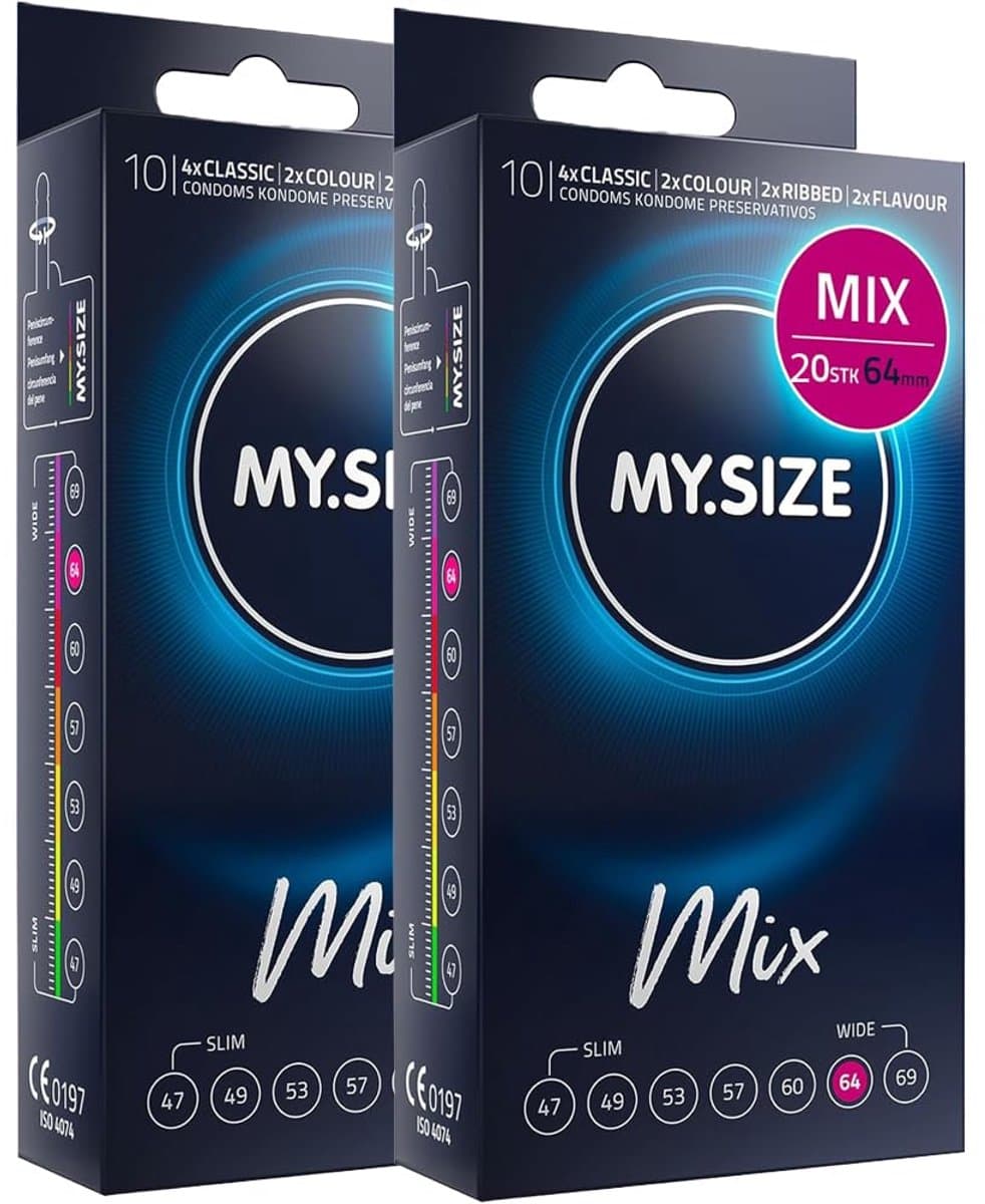 MY.SIZE Mix condooms 64mm 20 stuks – XXXL pasvorm | Soorten: blauw, Rood met aardbeienaroma, Geribbeld, Naturel | Premium kwaliteitscondooms | Duits merk | 0,07mm wanddikte | van natuurrubberlatex — afbeelding 1