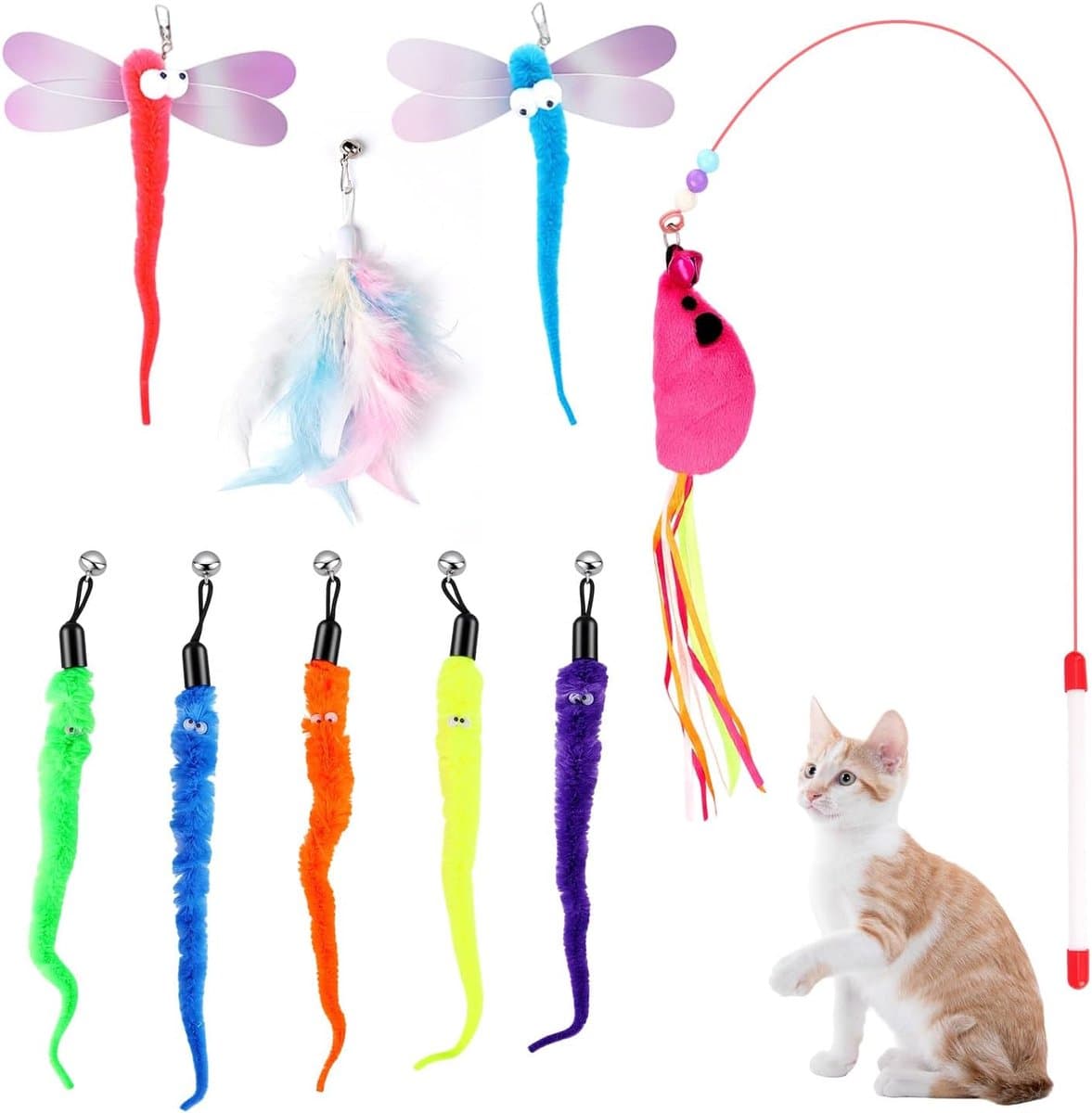 9 stuks kattenspeelgoedset, veerspeelgoed, pluche speelgoed, speelgoedmuizen, variety pack voor kitty, verstelbare hengel voor interactief speelplezier en zelfbezigheid — afbeelding 1