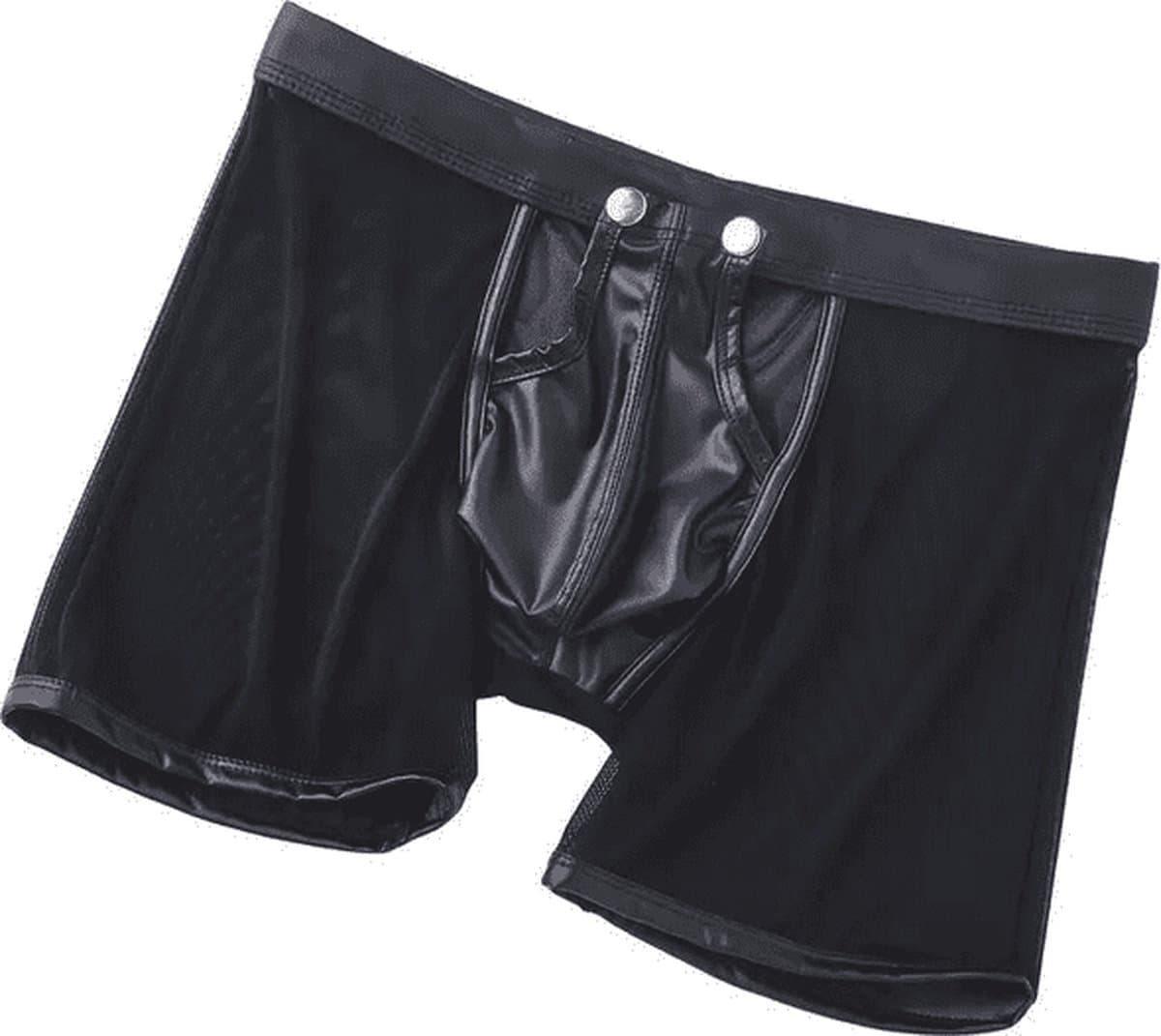 LekkerStout PU Boxershort Met lange Pijpen - Open Kruis - Zwart - Sexy Herenondergoed | XL | ( LS067 ) — afbeelding 1