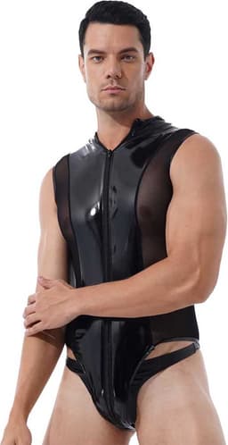 Mannen latex wetlook Catsuit - Erotische bodysuit PU Leder - Jumpsuit - Mouwloos - Transparante zijkanten - Ritssluiting — thumbnail 6