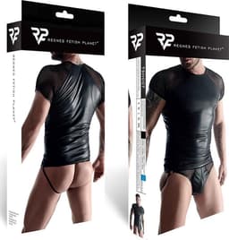 Regnes Fetish Planet – Wetlook & mesh T-shirt met raglanmouwen voor heren – Zwart - Maat XL — thumbnail 4