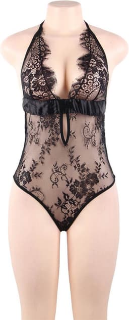 Sexy Lingerie - Erotische Body Open Kruis - Babydoll van Kant - V neck met Satijnen Strik - Open achterkant - Neglige - Sexy Teddy - Erotiek - kleur Zwart - Maat XS-S — thumbnail 5