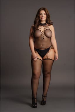 Suspender Fishnet Choker Bodystocking - Plus Size — thumbnail 1