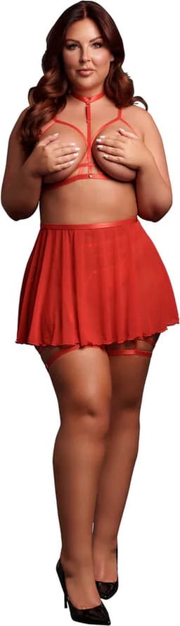 4 Piece Set with Bra, Panty, Double Strap Garter Belt and Peek-A-Boo Mesh Skirt - Plus Size - Red — thumbnail 1