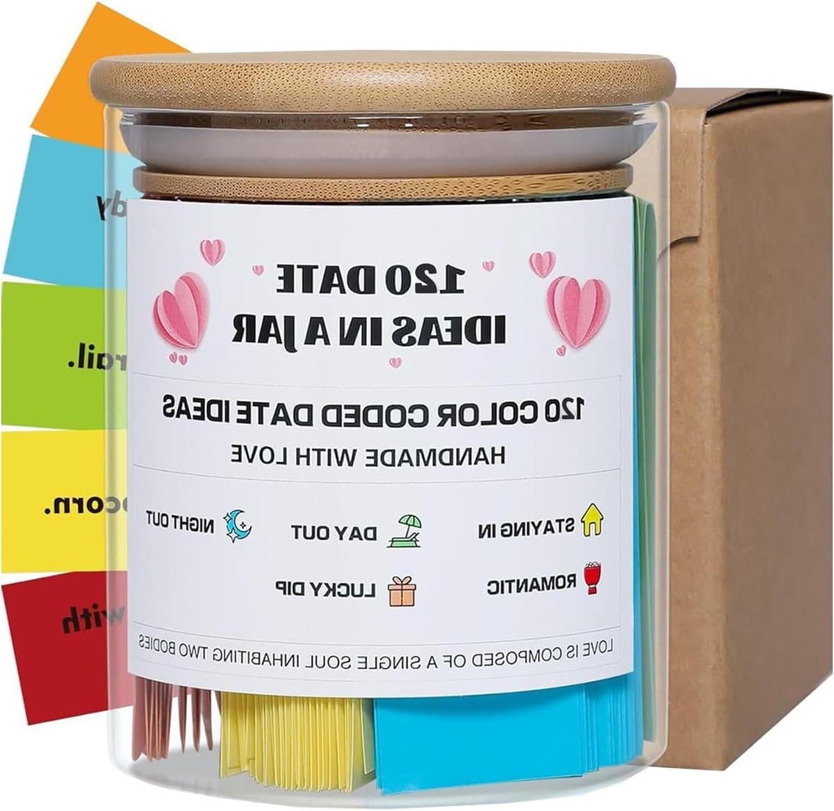 Date Ideeën Jar - Koppels Activiteiten - Romantische Avonden - Kleurgecodeerde Thema's - 8.4 x 8.4 x 10.4 cm - Meerkleurig — afbeelding 1