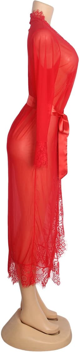 Zeloria Lange Mesh Kimono met Kant – Transparante Lingerie Robe met Ceintuur – Rood– XL/XXL — thumbnail 10