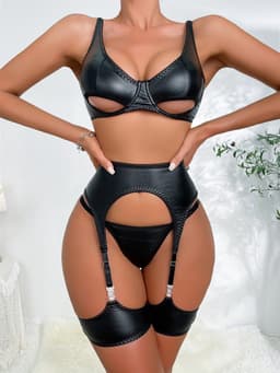 Sexy Lingerie Set 4-delig – Zwart Kunstleer met BH, Jarretelgordel, Slip & Beenbanden — thumbnail 1