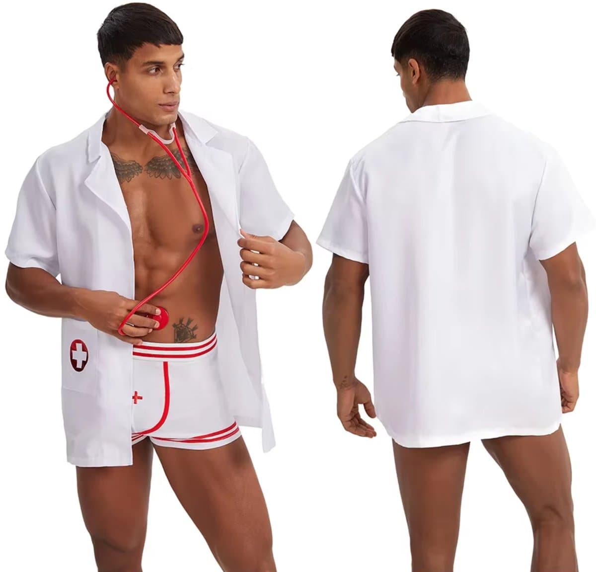3-Delig Sexy Heren Kostuum - Dokter / Verpleger / Arts - Boxer, Doktersjas En Stethoscoop - Rood & Wit - Mannen - Heren Lingerie - Vrijgezellenfeest - One Size — afbeelding 1