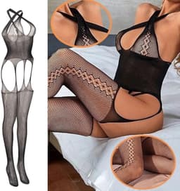 Zwarte bodystocking met opengewerkt patroon - rekbaar en comfortabel lingeriepak — thumbnail 2