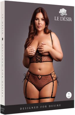 Two Piece Set with Underwired Open-Cup Bra and Panty with Laced Up Details - Plus Size - Black — thumbnail 4