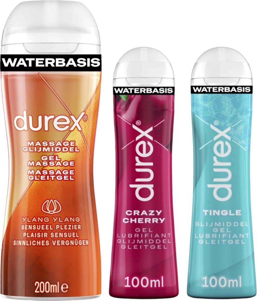Durex - 3 Glijmiddelen - Voor Een Sensuele Aanraking - Waterbasis - Tingle 100ml- Massage Ylang Ylang 2 in 1 200ml - Crazy Cherry 100ml — afbeelding 1