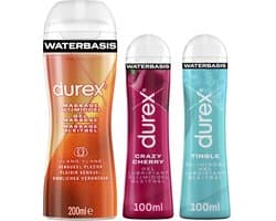 Durex - 3 Glijmiddelen - Voor Een Sensuele Aanraking - Waterbasis - Tingle 100ml- Massage Ylang Ylang 2 in 1 200ml - Crazy Cherry 100ml