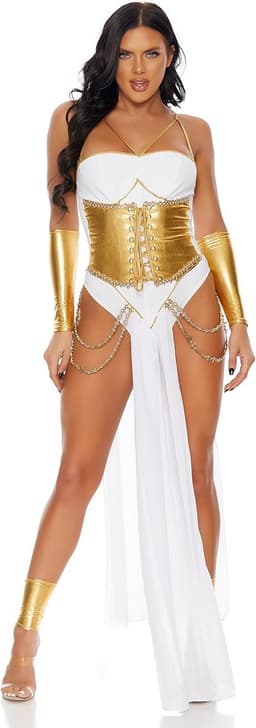 Sexy Greek Goddess Costume voor Vrouwen - Wit & Goud met Gauntlets en Beenaccessoires — thumbnail 5