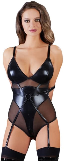 Cottelli Collection – Bondage Jarretel Body Wetlook met Elleboog Riemen en Tepel Sluiting – Maat L – Zwart — thumbnail 5