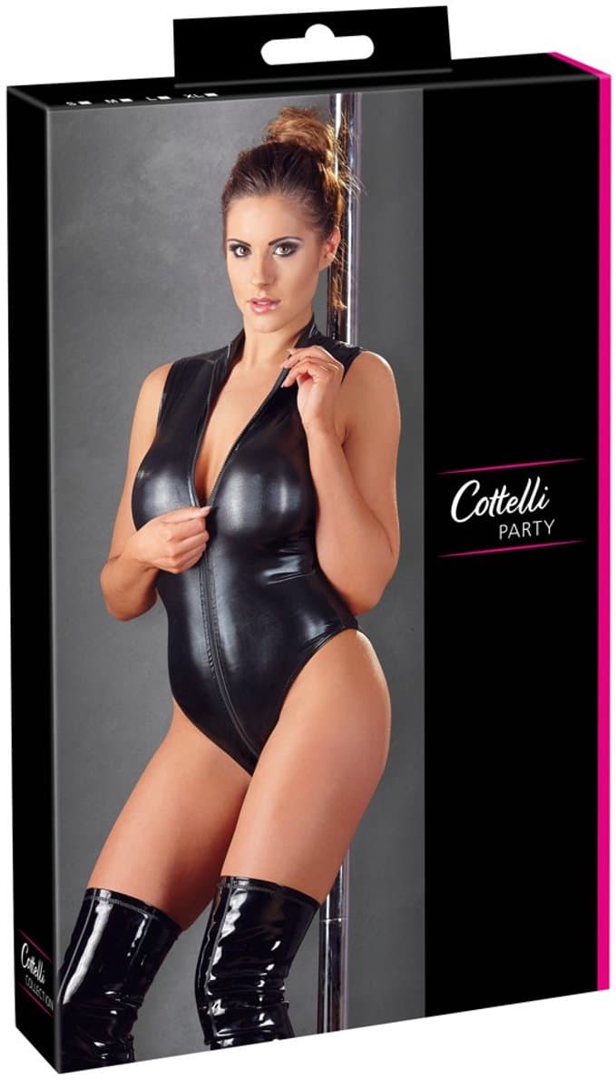 Cottelli Collection – Sexy Body met Verfijnde Wetlook met Korte Mouwen en Dubbele Rits voor Pure Seductie – Maat XL – Zwart — afbeelding 1