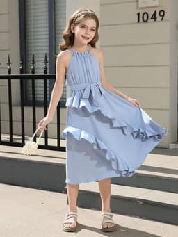 Zomerjurk Meisjes Halter Tie Back Gelaagde Ruches A-lijn Jurk 5-14 Jaar — thumbnail 5