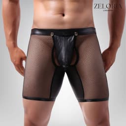 Zeloria Heren Boxer Open Design – Netstof & Wetlook – Verleidelijke Heren Lingerie – Zwart – M — thumbnail 1