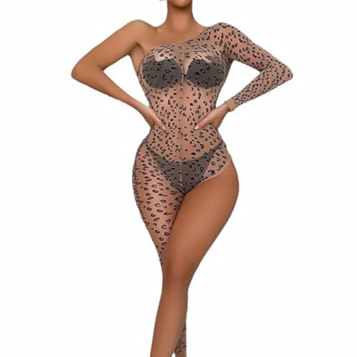 Luipaardprint catsuit met asymmetrisch ontwerp - Elastisch net lingerie bodystocking voor dames — afbeelding 1
