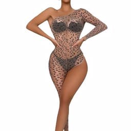 Luipaardprint catsuit met asymmetrisch ontwerp - Elastisch net lingerie bodystocking voor dames — thumbnail 1